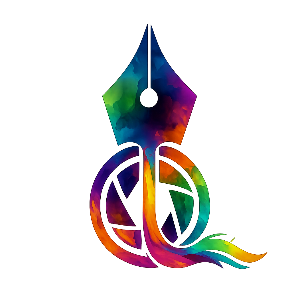A colorful logo featuring the nib of a fountain pen seamlessly merging into a circular peace symbol. The design is filled with a vibrant watercolor gradient of blues, greens, purples, oranges, and reds, with a flowing rainbow-like trail extending from the bottom right. The white spaces inside the symbol and background are transparent.